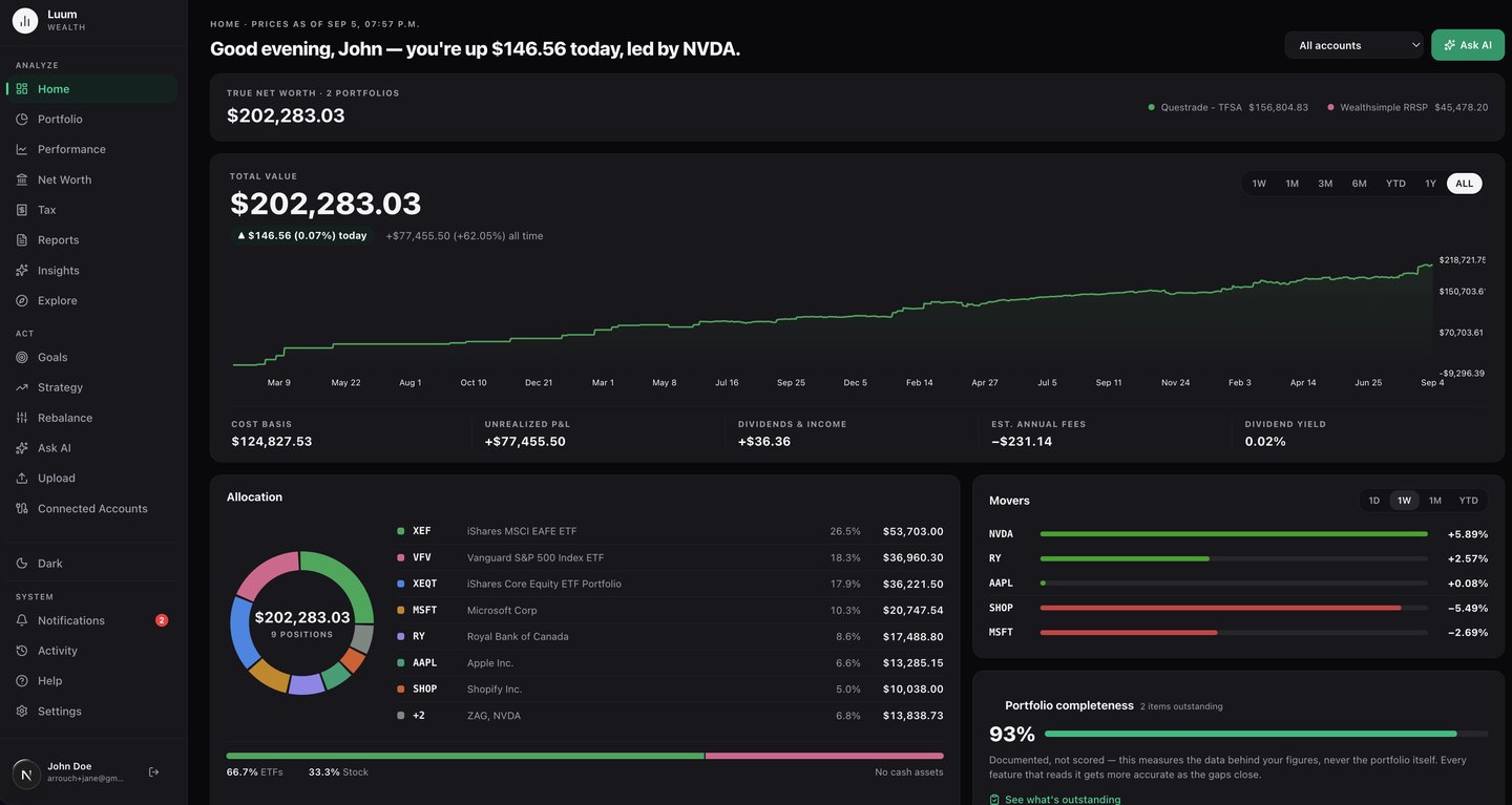 The Luum Wealth dashboard under “All accounts”, showing one combined value chart, allocation and movers across a TFSA and an RRSP held at different brokerages