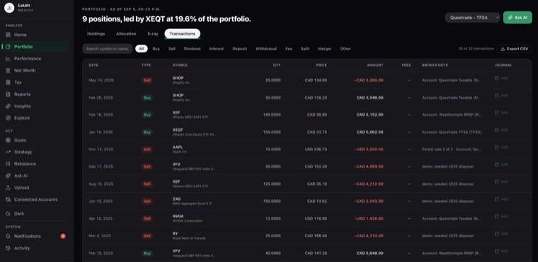 The same trades recorded in Luum, shown as a dated transaction history with quantities, prices and running cost base