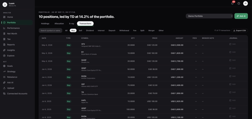 Luum’s Portfolio page for a demo portfolio, on the Transactions tab filtered to buys, listing each trade with its date, symbol, quantity, price and amount, with Canadian-dollar and US-dollar trades shown in their own currency in the same table